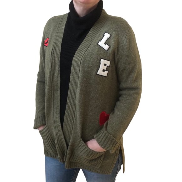 Libby Edelman Cardigan Green Open Front Pockets Applique Knit Sweater SMALL - Picture 2 of 11